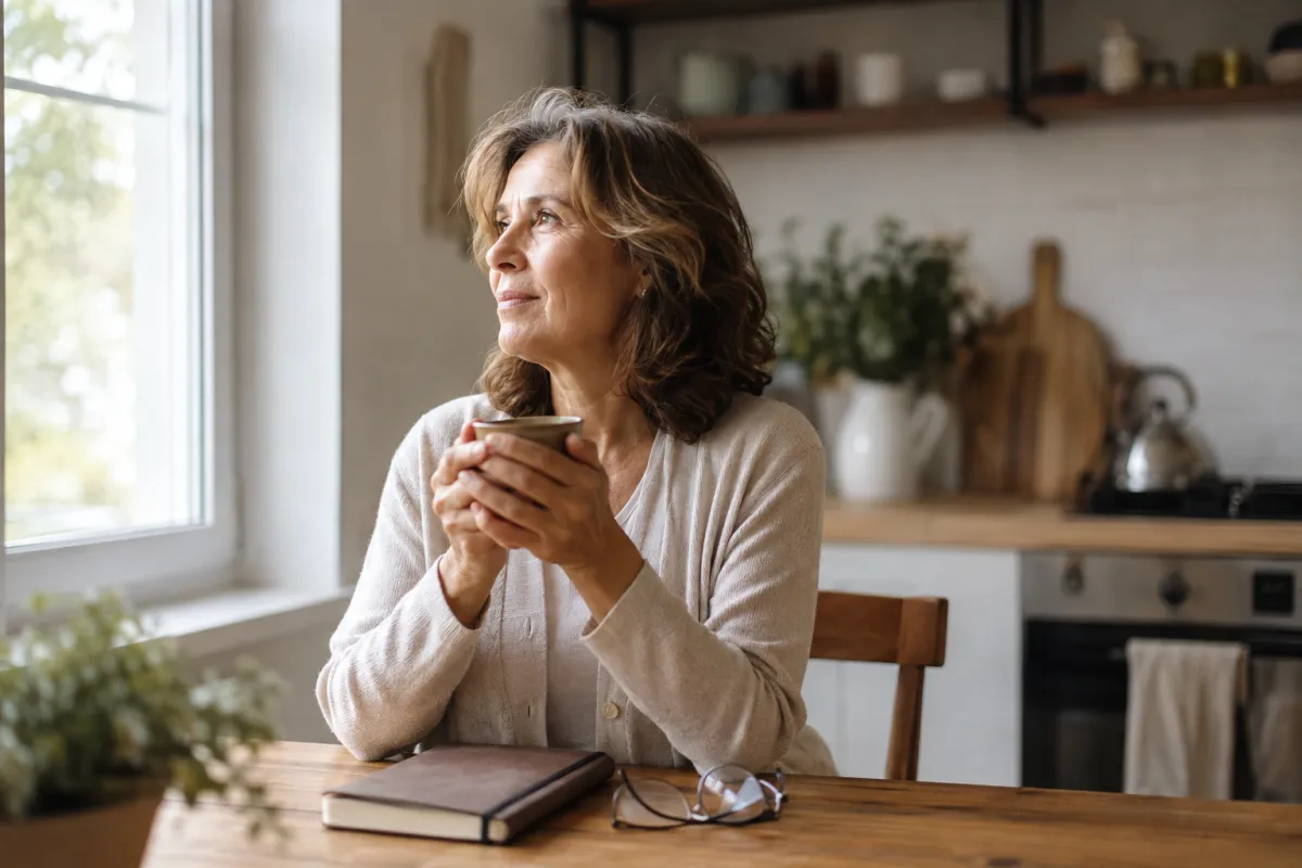 A woman having a quiet, steadying moment with tea at her kitchen table after a new cancer diagnosis